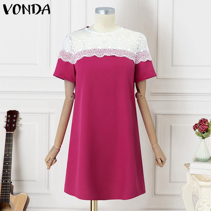 VONDA Summer Women Round Neck Long Sleeve Lace Patchwork Straight Mini Dress