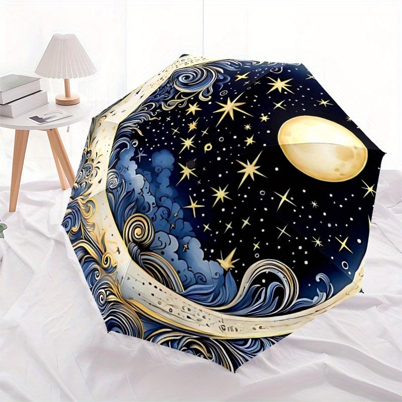 1 Stück Mond Sterne Kompakter Reise-Freizeit-Regenschirm, Automatisches Falten, Leichtgewicht, Winddicht, Verstärktes 8-Rippen-Design, 012073