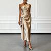Women's One Shoulder Satin Prom Dress Summer Sleeveless Party Cocktail Midi Dress Ruched Bodycon Evening Wedding Guest Dress
