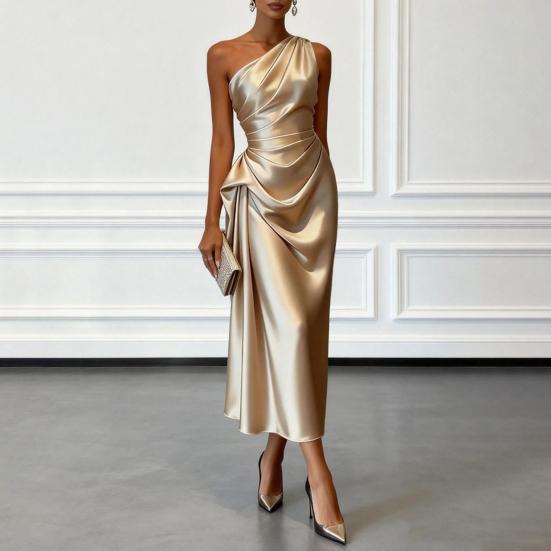 Women's One Shoulder Satin Prom Dress Summer Sleeveless Party Cocktail Midi Dress Ruched Bodycon Evening Wedding Guest Dress