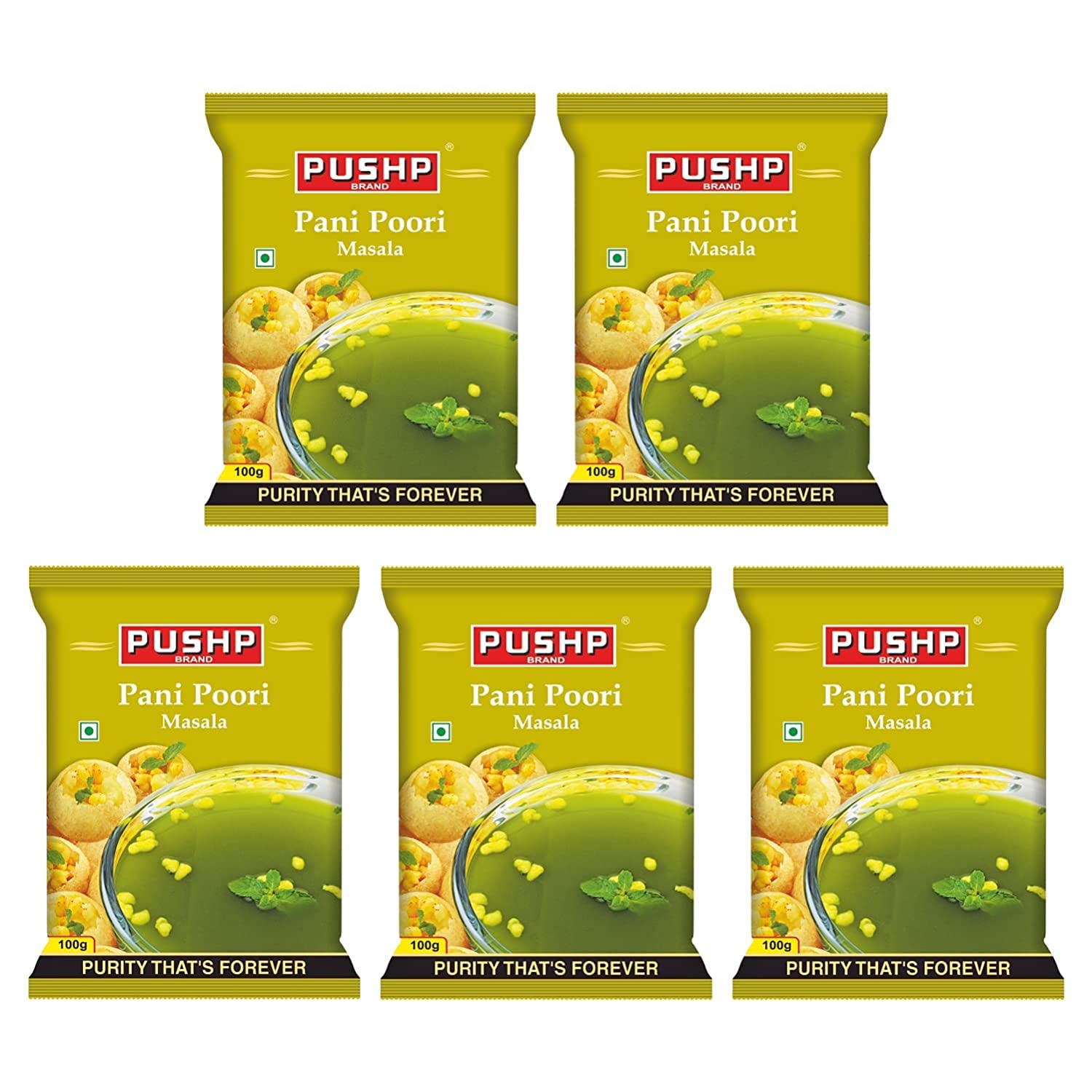 Pushp Panipuri Masala Tangy Spicy Mint Tamarind Spice Mix for Authentic Indian Street Style Pani Puri 100g Pack of 5