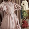 Vestito Midi Lolita da Donna a Colore Unito con Scollo O, Maniche Lunghe a Palloncino, Bottoni, Ampia Gonna a Svasatura