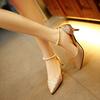 Sexy Pointed Toe Cut-Out Stiletto Heels for Women Pearl Beaded Ankle Strap Closed Back Sandals Summer