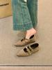 European and American Retro Pointed Flat Bottom Inner Height Increase Soft Leather Mary Jane Shoes Women's Brown Rivets One Word with Shallow Mouth