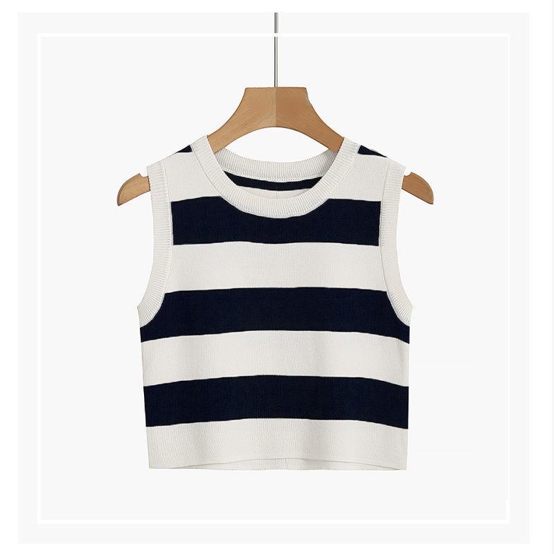 Sexy ribbestrikket tanktopp for kvinner Sommerstriper o-hals Ermeløse beskjæringsoverdeler Street Vintage koreansk moteskjortevest Y2K-klær