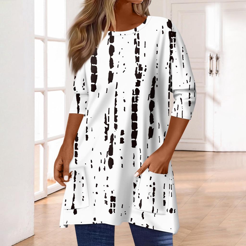 3/4 Sleeve Tops For Women T-Shirt Casual Print Tops T Shirt Round Neck Pullover  Blouse