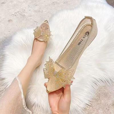Damen Sommer Baotou Mesh Hollow Out Sandalen Weiche Sohle Rutschfest Atmungsaktiv Spitz Schleife Strass Modische Flache Sohle Sandalen