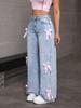 Y2K Elastic Straight Leg Bow Jeans - Women's American Spicy Girl Style, Loose Fit, Long Pants, Trendy INS Style