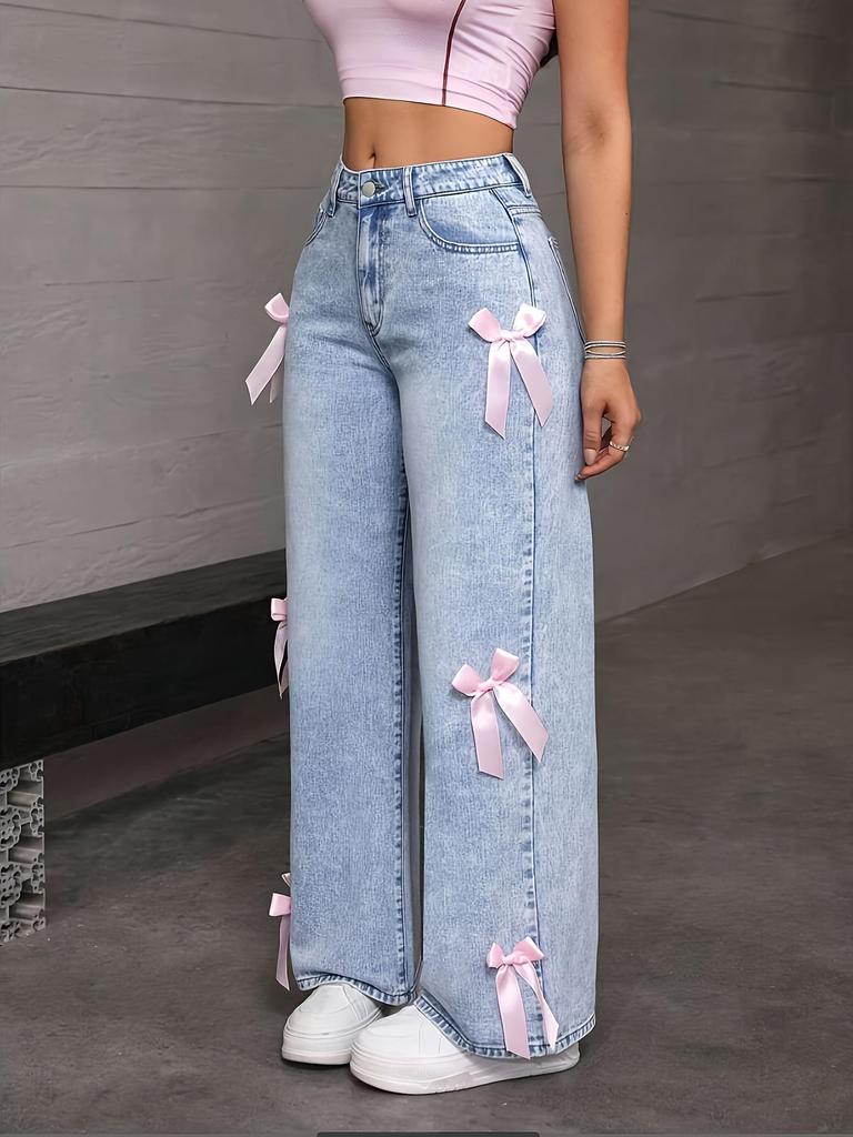 Y2K Elastic Straight Leg Bow Jeans - Women's American Spicy Girl Style, Loose Fit, Long Pants, Trendy INS Style