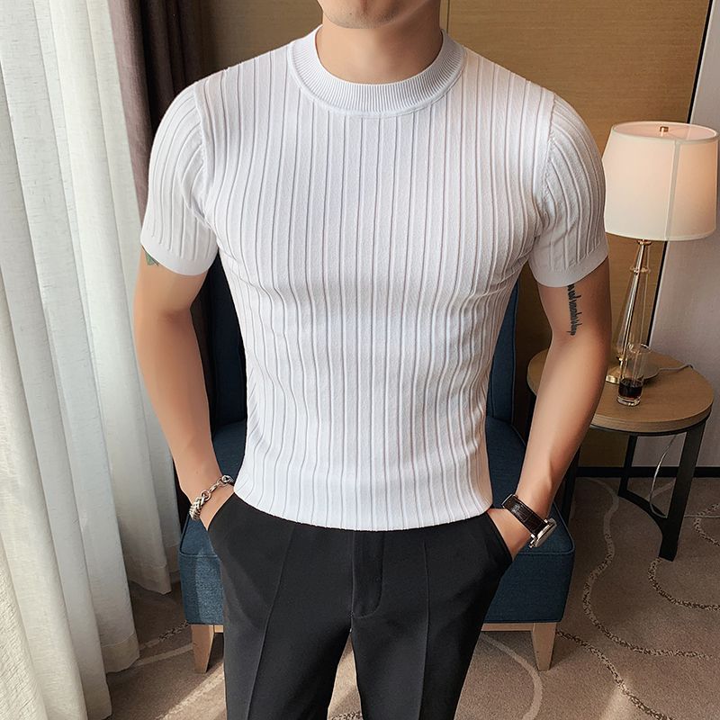 

Утолщенная мужская одежда, облегающие базовые вязаные футболки, корейский летний уличный стиль, модные футболки с коротким рукавом, однотонные, универсальные, повседневные топы L белый