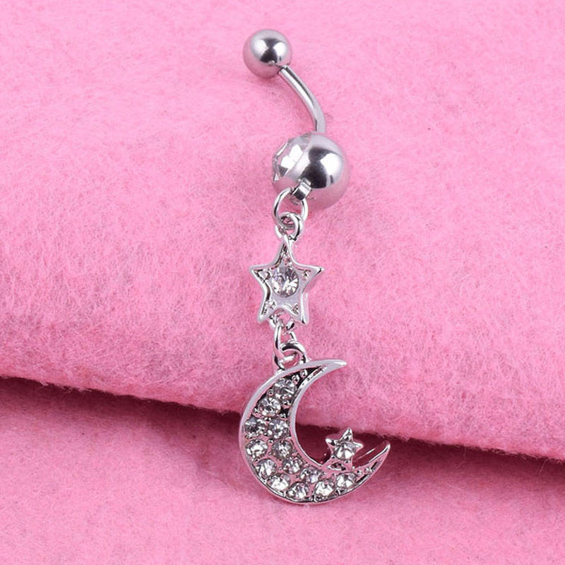 Punk Crystal Moon Dangle Navel Piercing Rings Body 316L Surgical Steel Belly Button Ring Jewelry