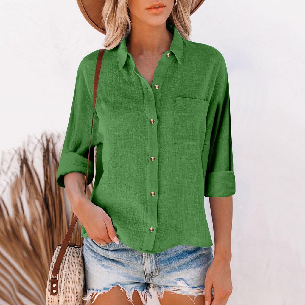 Women's Loose Cotton Linen Solid Color Long Sleeve Cardigan Irregular Pocket Shirt Top