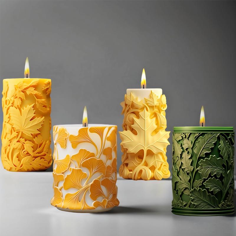 3D Wave Cylindrical Candle Silicone Molds DIY Maple Leaf Relief Pattern Aromatherapy Gypsum Resin Mold Roman Column Home Decor