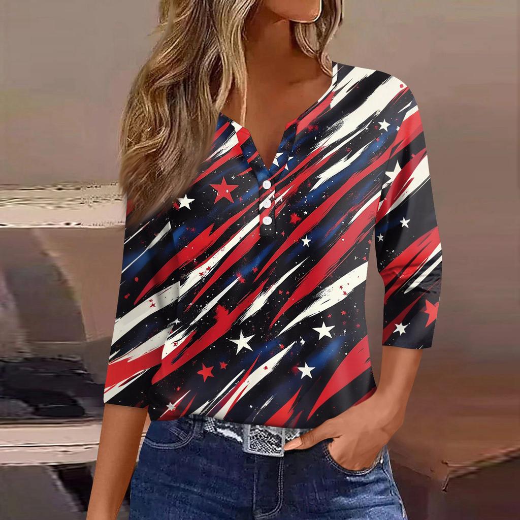 Damska Koszulka Dzień Niepodległości Nadruk Guziki Rękaw 3/4 Codzienna Weekendowa Modna Podstawa Dekolt V Regularny Top
