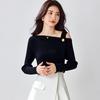 2026 Women's Black Off-the-Shoulder Long-Sleeve Knit Sweater – Diagonal Slimming Design