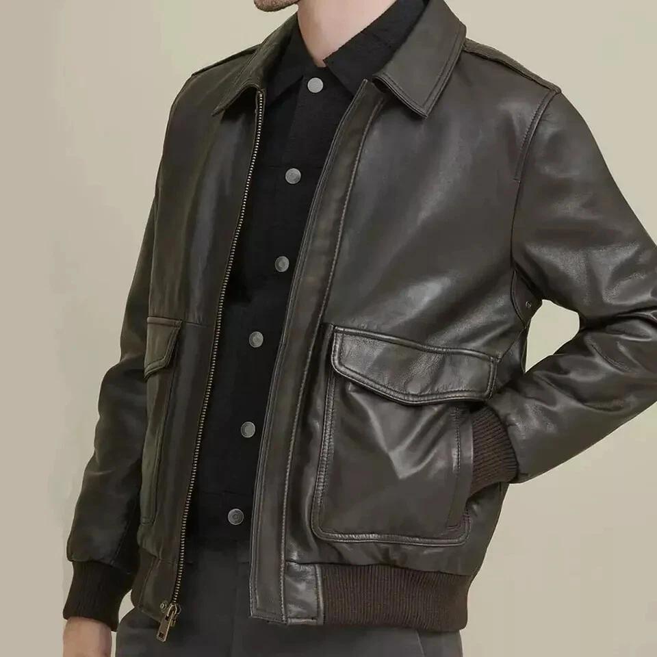 Biker Motorcycle Brown Handmade Genuine Lambskin Soft Leather Men Bomber Jacket