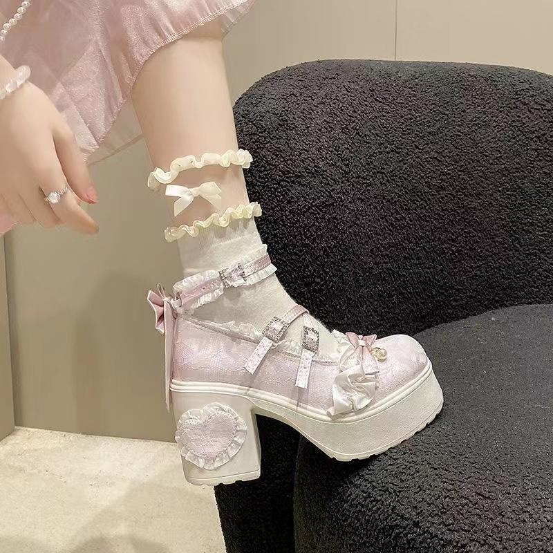 Womens Mary Jane Single Shoe Elegant Temperament Soft Sole Lace Lolita High Heels Fad Beautiful Princess Shoes for Women Tacones