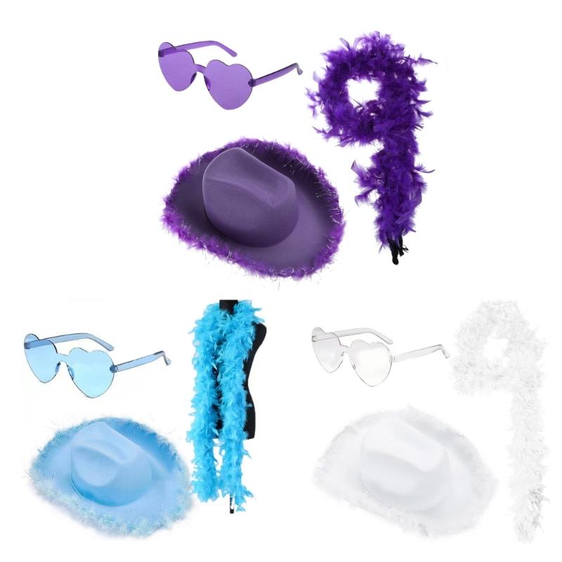 Pink Cowboy Hats with Heart Shaped Glasses Long Feather Boas Western Cowgirl Hat Halloween Costume Accessories for Women