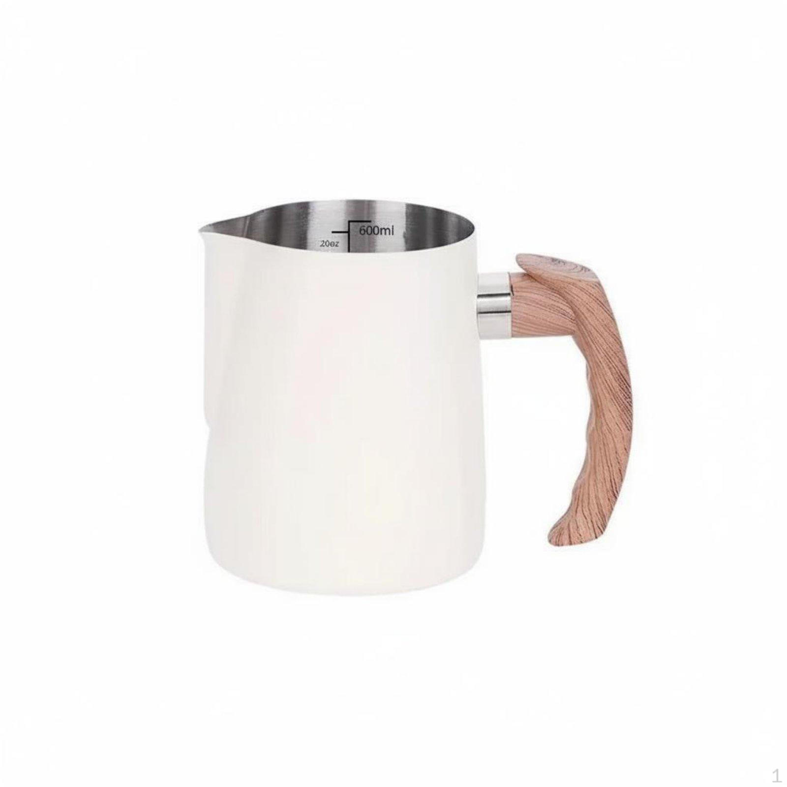 Latte Art Jug with Wooden Handle Internal Measurement Scale Stainless Steel Milk Steaming Pitcher