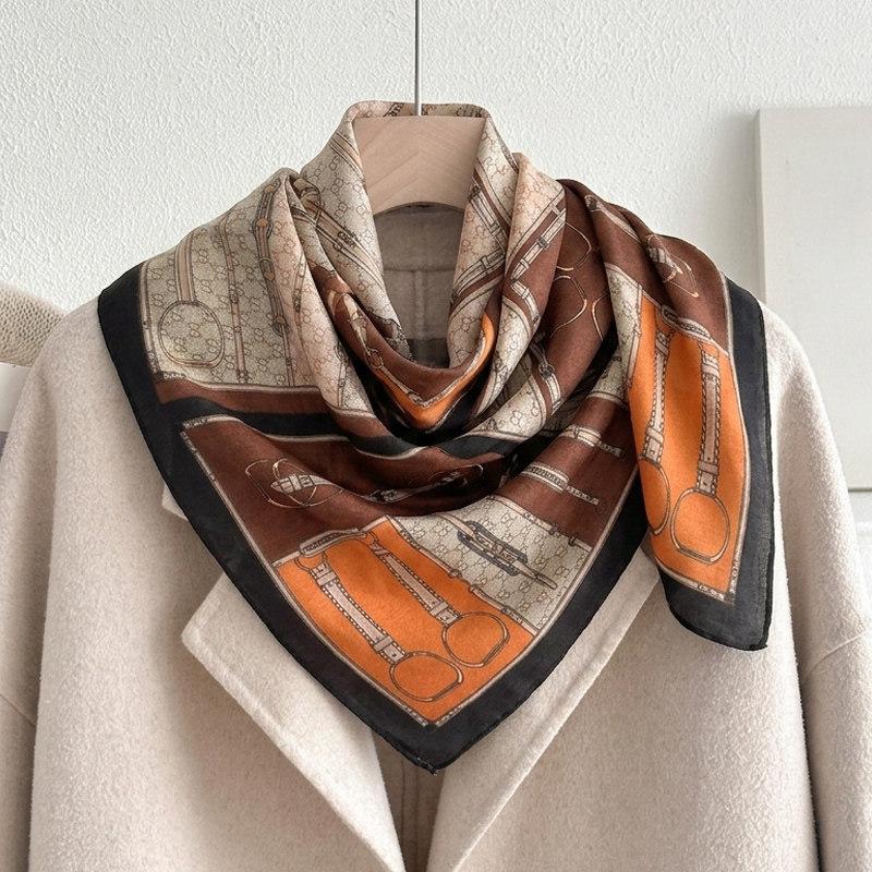 71 Cotton and Linen Retro Wind Green Geometric Small Square Scarf Silk Scarf Women's New Neck Protection Small Scarf Silk Scarf Neck High Sense