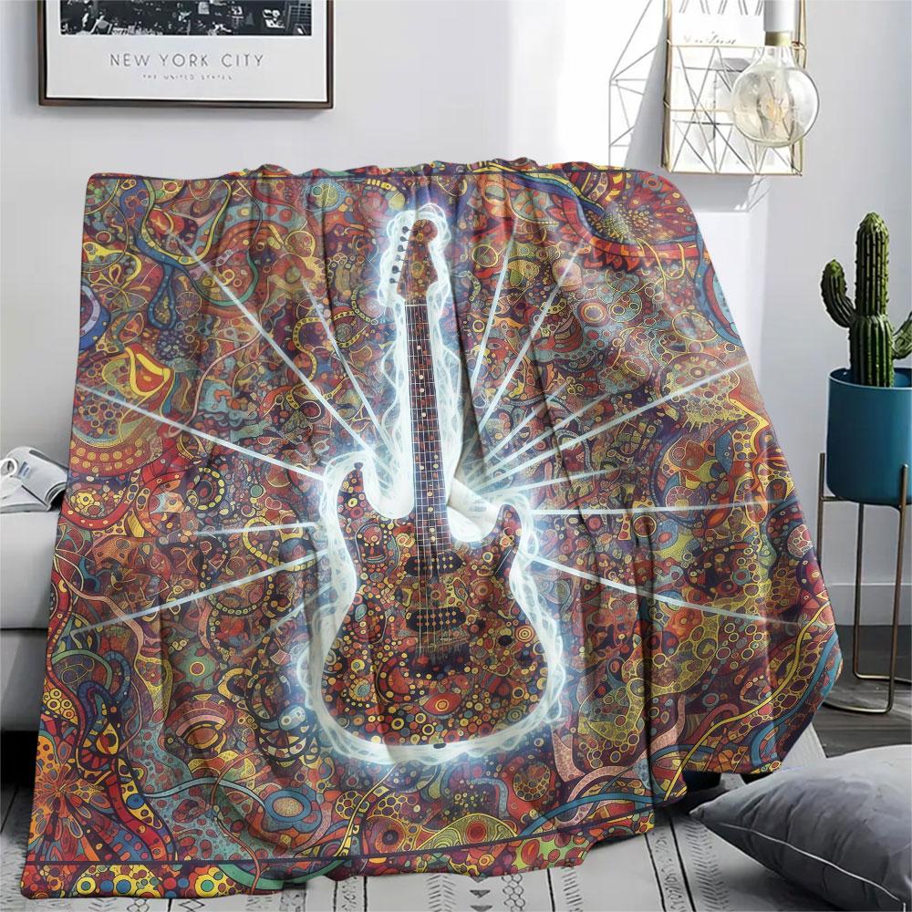 1Pc Vintageguitar Print Flannel Blanket, High quality Comfortable for All Seasons, Home Decor, Warmth and Comfort, Perfect for Christmas Gifts