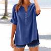 Women's Summer Casual V-neck Button Shirt Solid Color Short Sleeve Hem Split Cotton Blouse