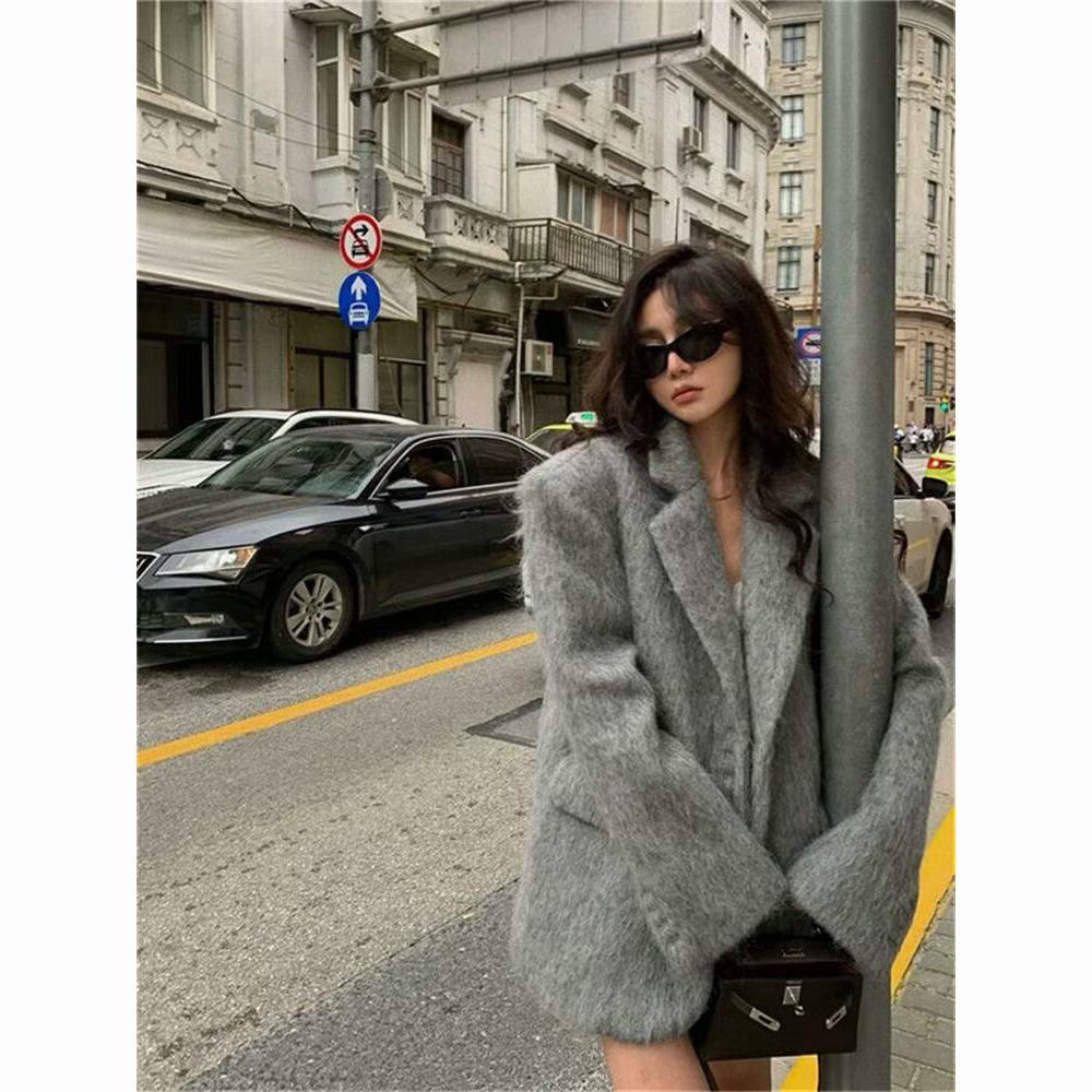 Fashion Pink Lapel Long Sleeves Women Blazer Jacket Warm Thick Single Breasted Loose Outwear Office Lady Commute Streetwear
