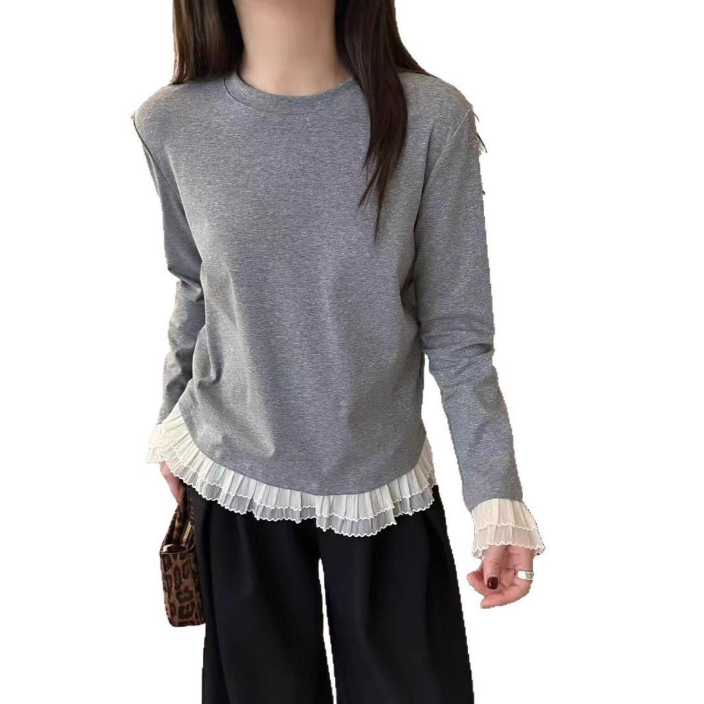 Spring 2025 Versatile Lace Patchwork Long Sleeve Knit T-Shirt