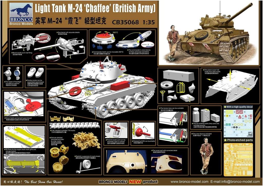 Bronco Model 1/35 Scale British M24 Chaffee Light Tank (British Specification) with Tank Crew Figure, Plastic Model Kit CB35068