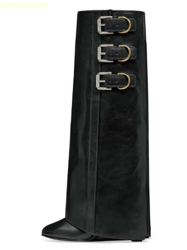 Black/white/red Leather Mid-Calf/knee-High Boots 2025 New Wedges Shark Boots Metal Belt Buckle Latest Catwalk Boots