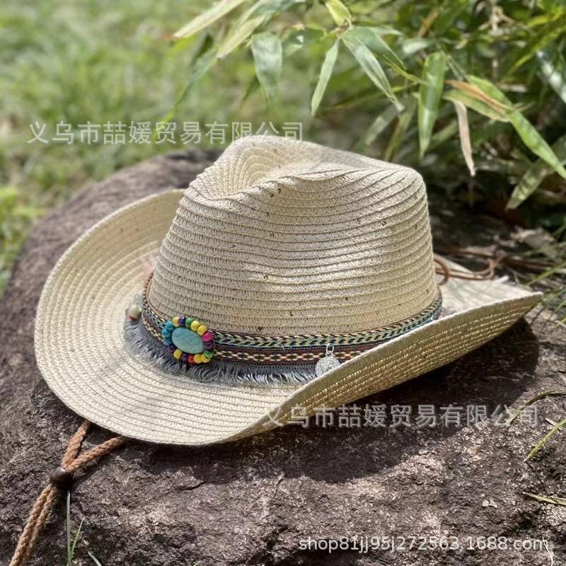Ethnic style fringed webbing sequined straw hat travel sunscreen shading mountaineering Tibetan western cowboy hat