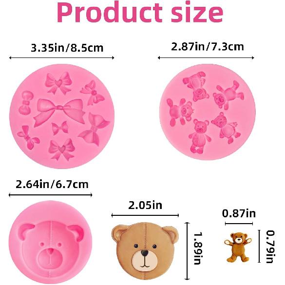 3 Pcs Bear Silicone Mold Fondant Bear Mold Candy Cake Bow Chocolate Molds for Cake Decoration, DIY Desserts, Cupcake, Fondant, Clay, Gum Paste