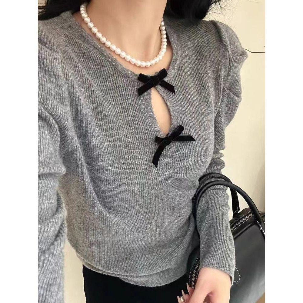 Winter Soft Slim Hollow-Out Knit Sweater with Bow Detail