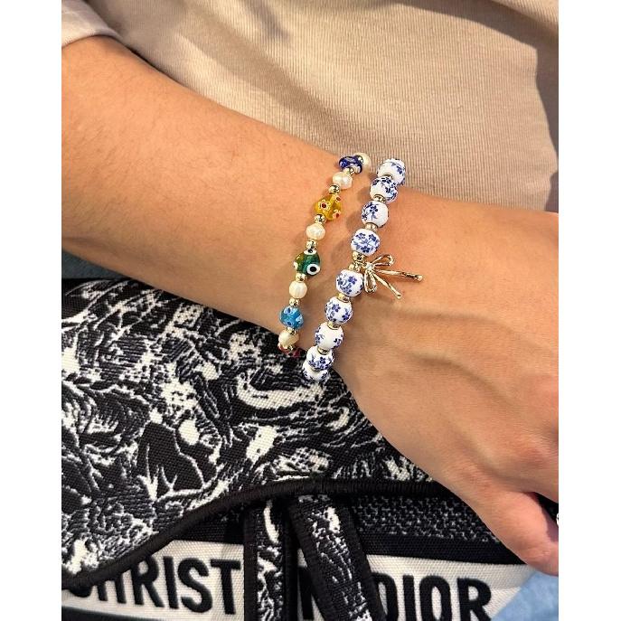 Beaded Bracelets for Women,Bow Charm Blue Flower Gold Plated Jewelry Women