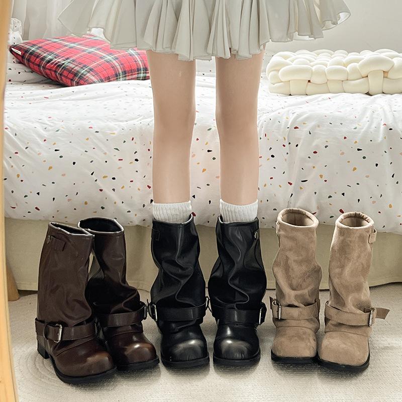Belt buckle thin women's boots thick heel medium boots stacked women's versatile trousers boots new European and American fashion tube cloth