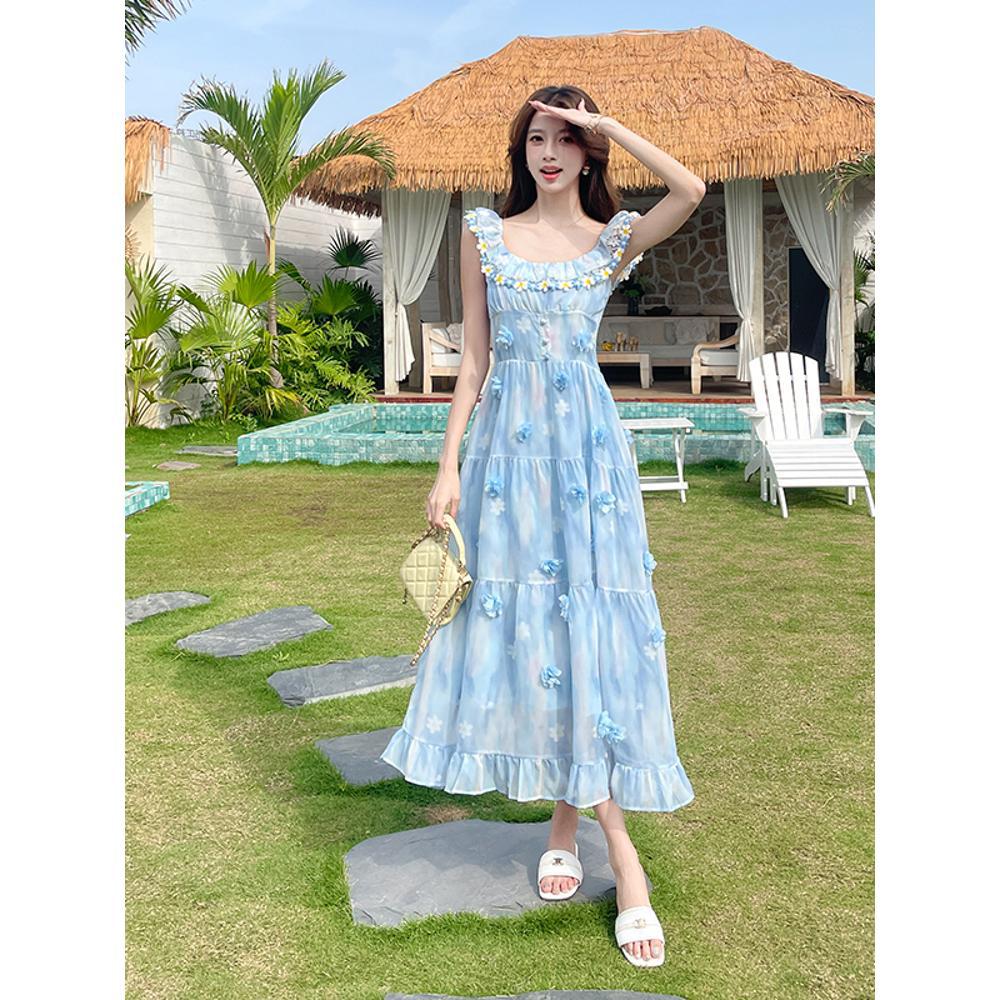 

French Sweet Blue Flower Small Sleeve Suspender Dress Women s Casual Summer Slim Seaside Vacation Long Dress S- (can be worn within 45kg)