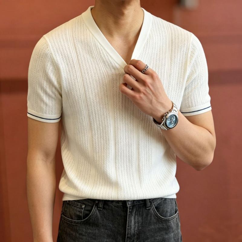 Men S Short Sleeve V Neck Solid Slim Fit Knit Top Summer Casual