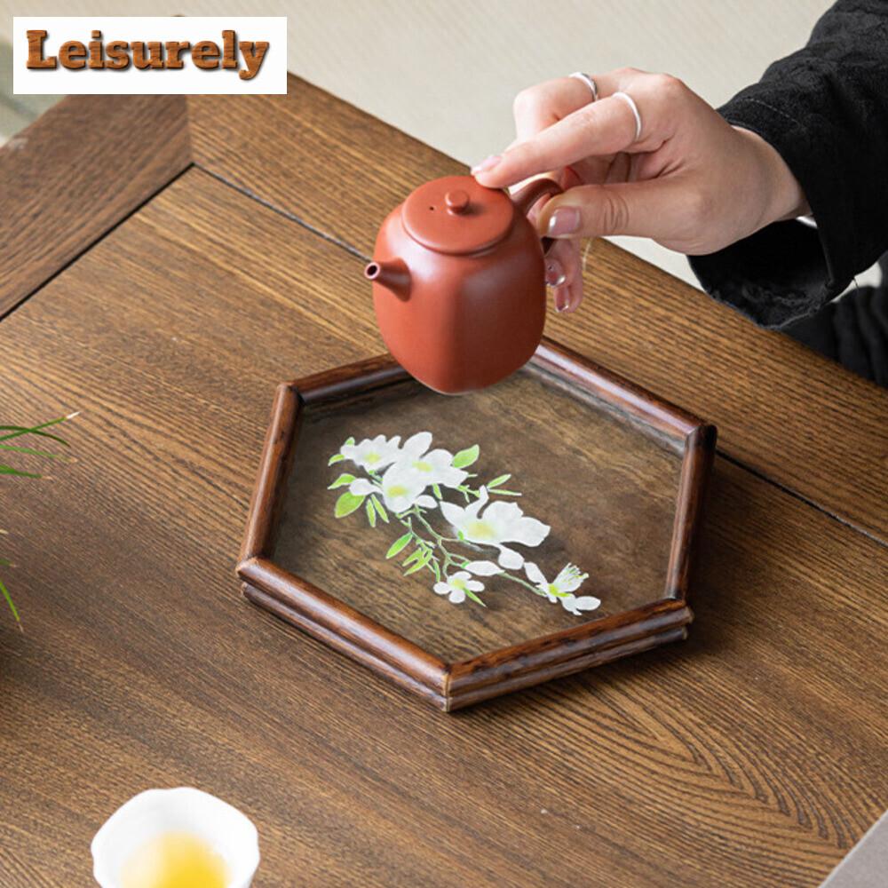 Zen Water Textured Glass Cup Coaster Walnut Wood Hexagonal Tea Tray Japanese Small Teapot Holder Household Tea Table Accessories