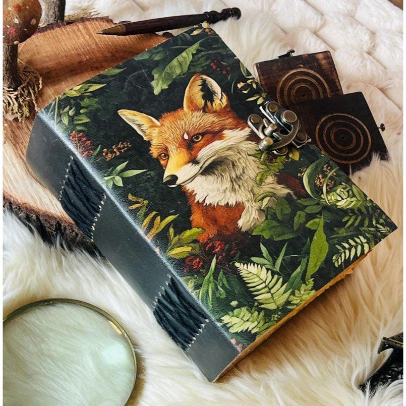 Fox Leather Journal: Large Vintage Grimoire, Blank Book of Shadows
