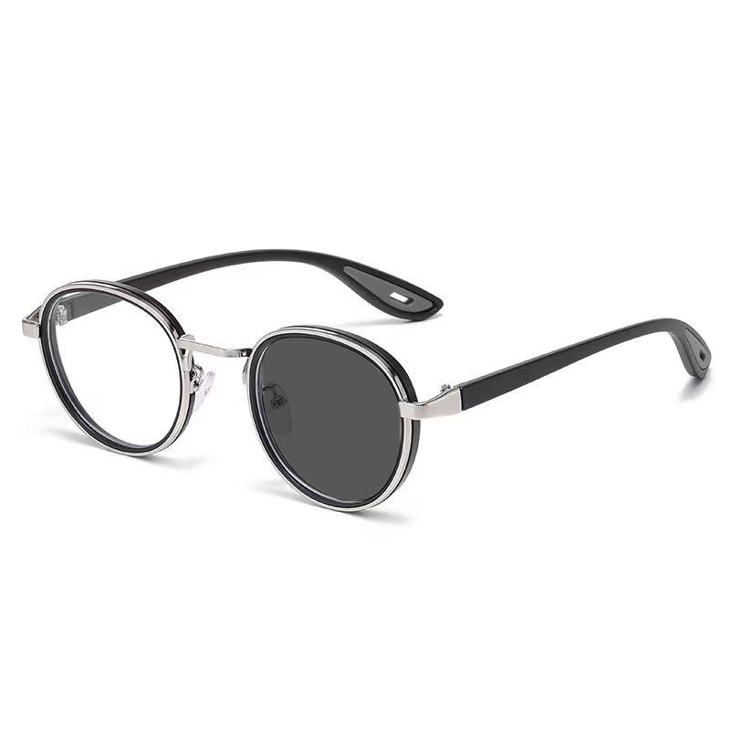 Unisex Retro Round Metal Sunglasses with Photochromic Anti-Blue Light Lenses