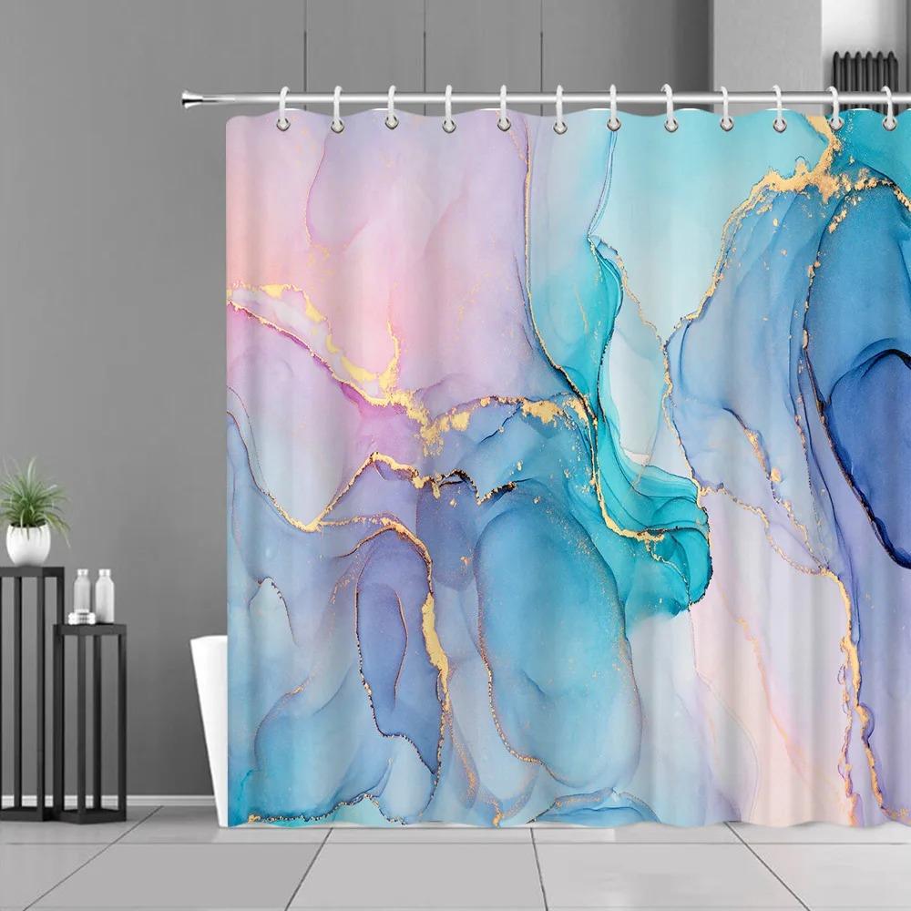 Blue Gold Marble Shower Curtains Golden Cracked Lines Abstract Modern Home Washable Polyester Fabric Bath Curtain Bathroom Decor