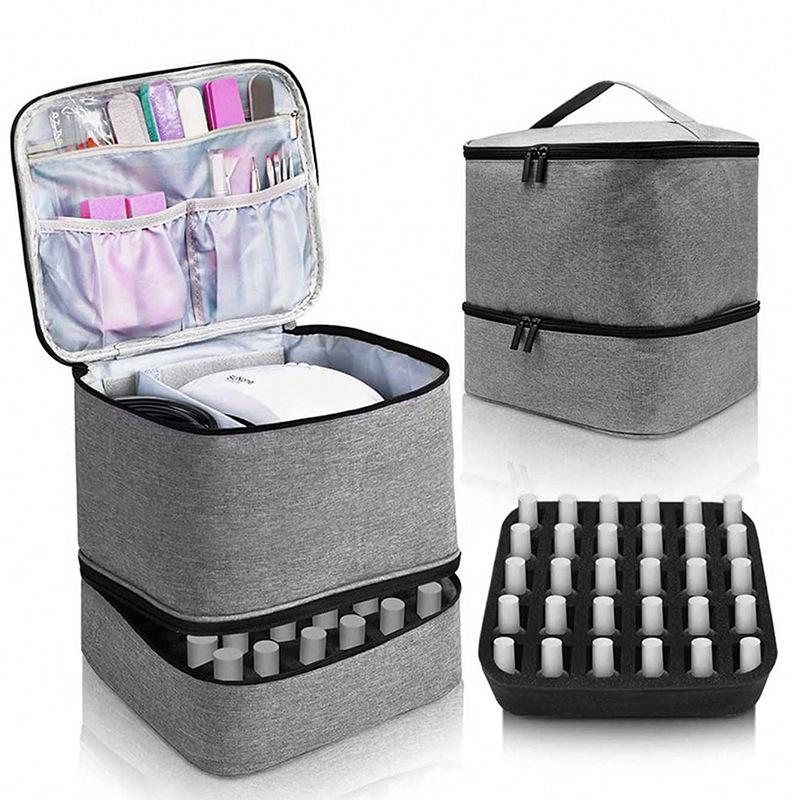 Double-Layer Elevated Makeup Bag for Women Large Capacity Portable Toiletry Case Cosmetic Nail Polish Storage Bag