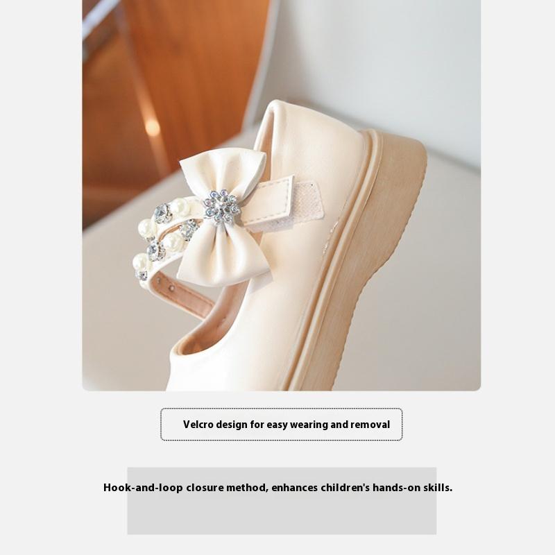 Autumn New Korean Version Pearl Bow Girls Comfortable Soft-soled Leather Shoes