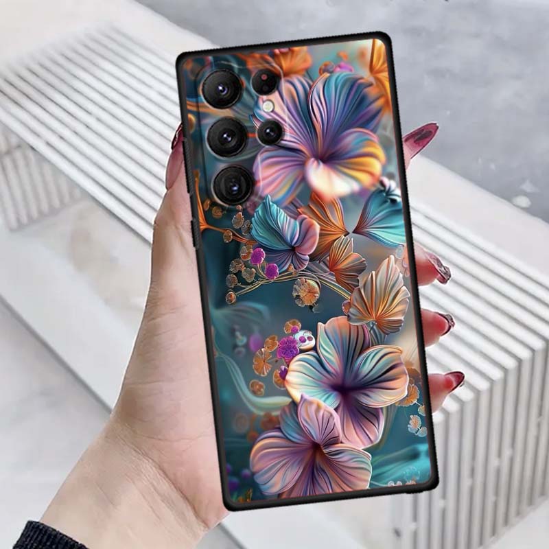 Butterfly flower pattern Phone Case For Samsung Galaxy S26 S25 S24 S23 S22 S21 S20 Ultra Plus FE 5G Black Soft TPU