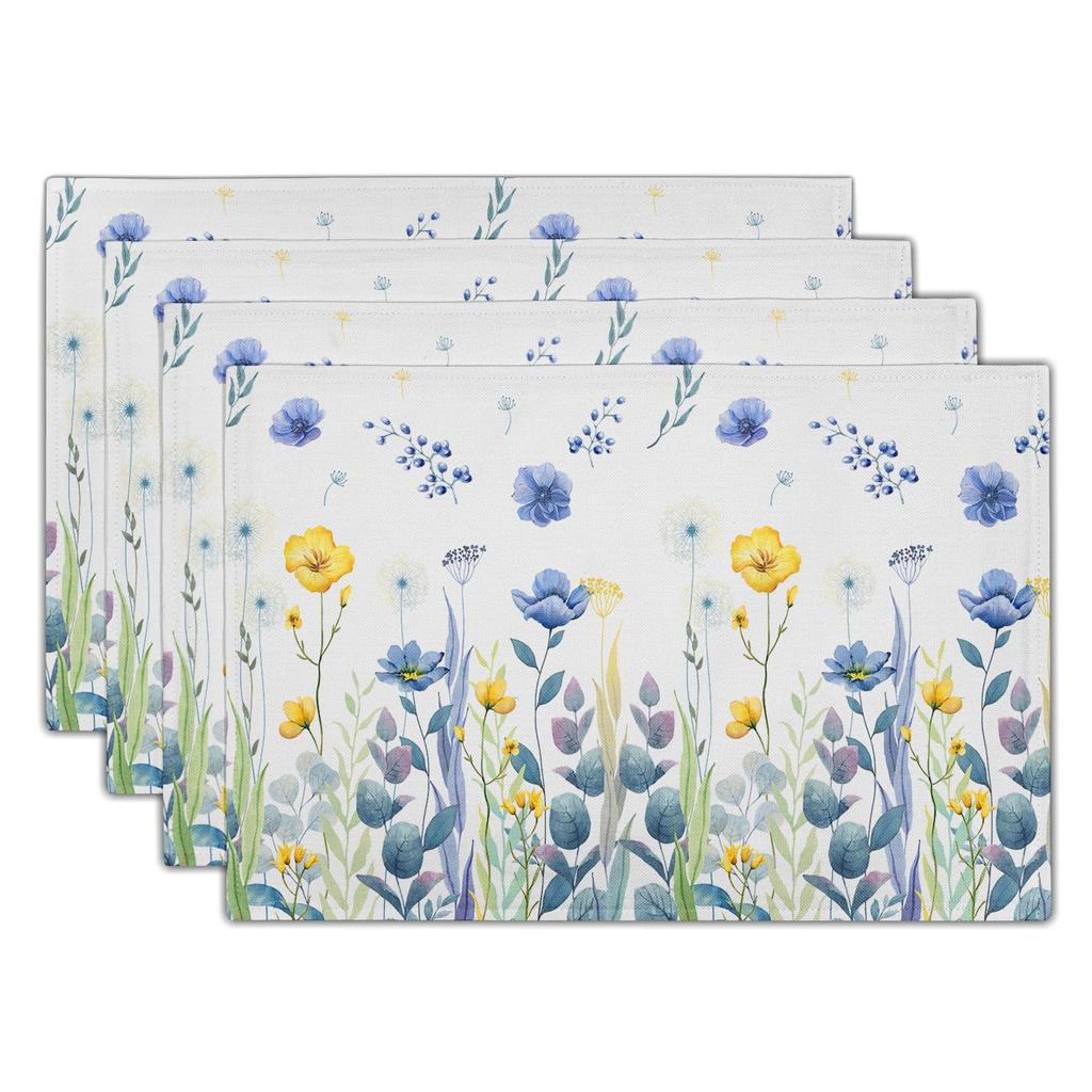 Watercolor Floral Placemats Set of 4 Blue Yellow Poppy Flowers Washable Non-Slip Heat Resistant 12×18 Inch Spring Summer Seasonal Linen Fabric Table M