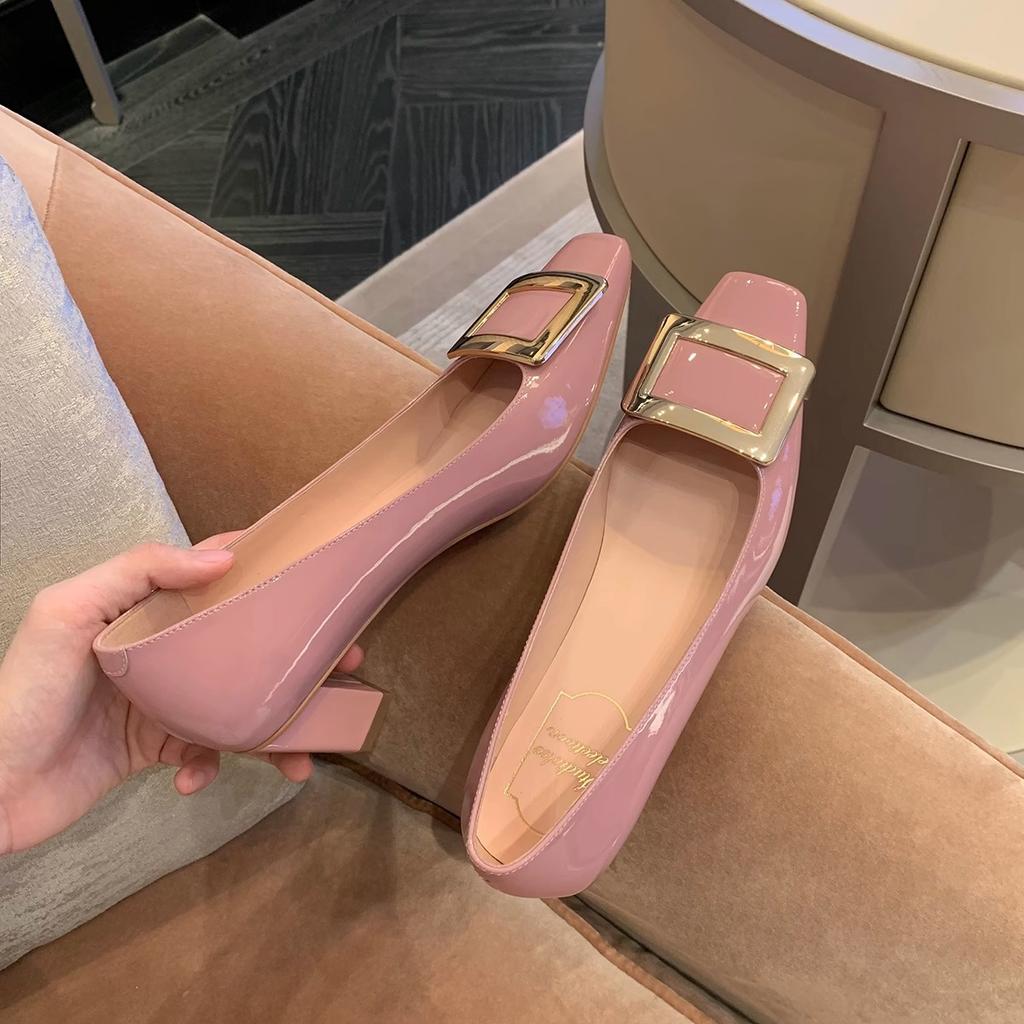 Cowhide Version~ Classic, Elegant, Light Mouth Temperament, Square Head, Thin and Versatile, Thick Heel, Square Buckle, Single Shoes for Women