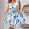 Elegant Women Casual Dress Retro Floral Print Chiffon Long Dress V Neck Short Sleeve Harajuku Party Ladies Fashion Autumn New Style