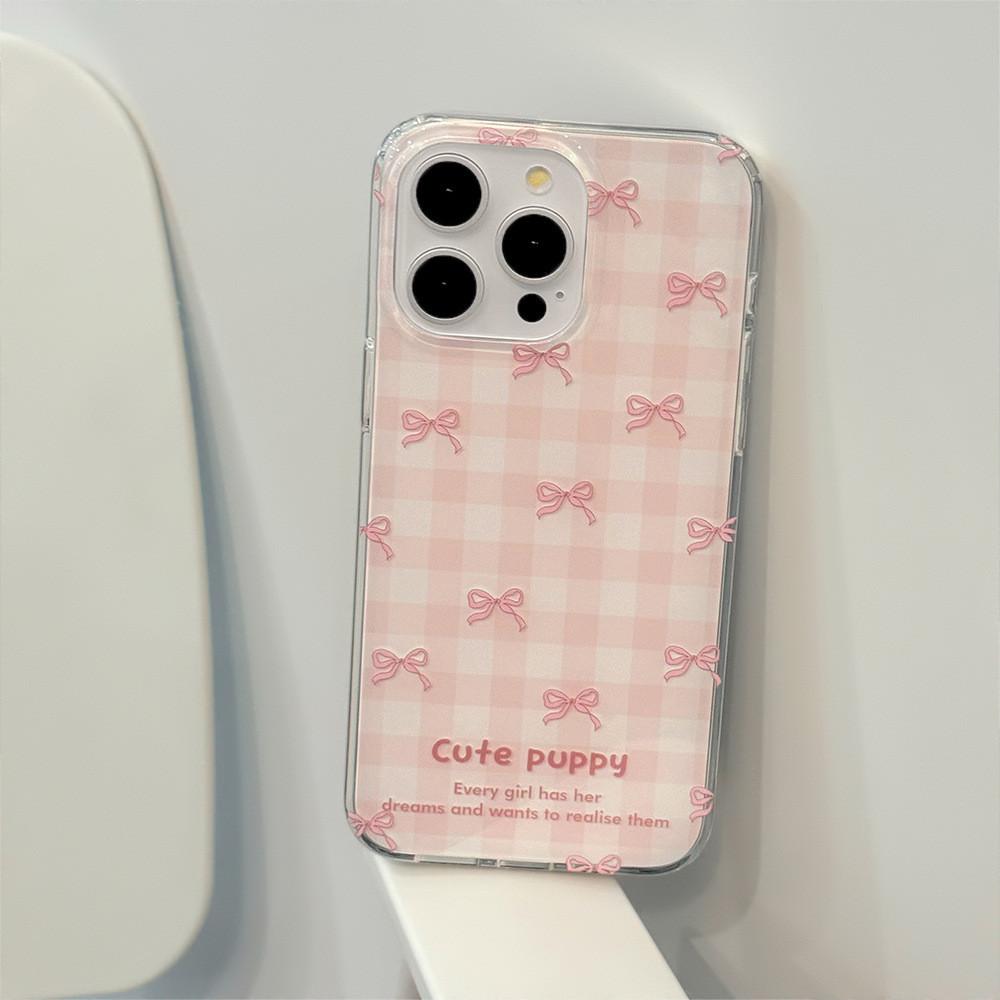 Japanese Style Pink Plaid Bow Phone Case Compatible and Suitable for iPhone15 14 13/12promax