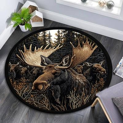 Moose Round Area Rug,Carpet Rug for Living Room Bedroom Sofa Playroom Decor,Non-slip Floor Mat