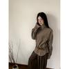 French Style Diagonal Placket Striped Long Sleeve Shirt Women's New Korean Half Turtle Collar Versatile Top